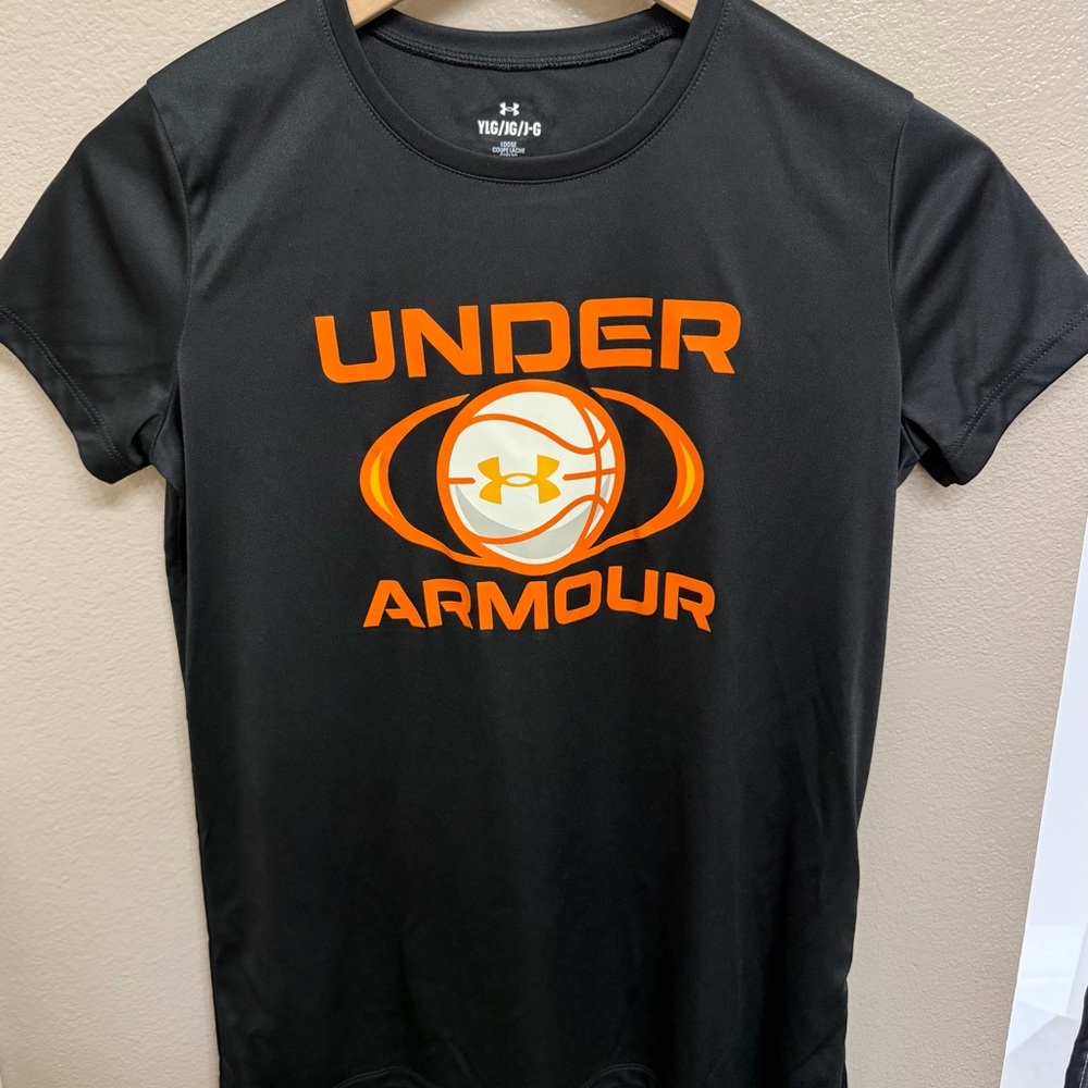 Girls Under Armour Black Tee with Orange Logo Print